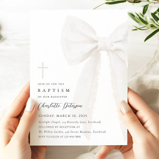 Elegant White Bow Baptism Invitation