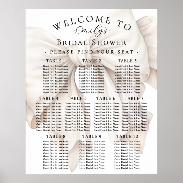 Elegant White Bow Bridal Shower Seating Chart (Front)