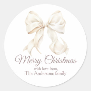 Elegant White Bow Merry Christmas Classic Round Sticker