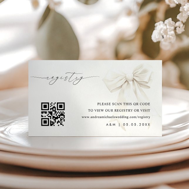 Elegant White Bow Qr Code Wedding Gift Registry Enclosure Card (Creator Uploaded)