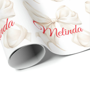 Elegant White Bow red name Christmas Wrapping Paper