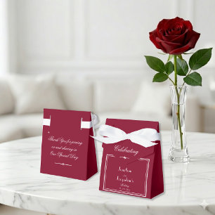 Elegant White Bow & Script on Cute Burgundy Red Favour Box