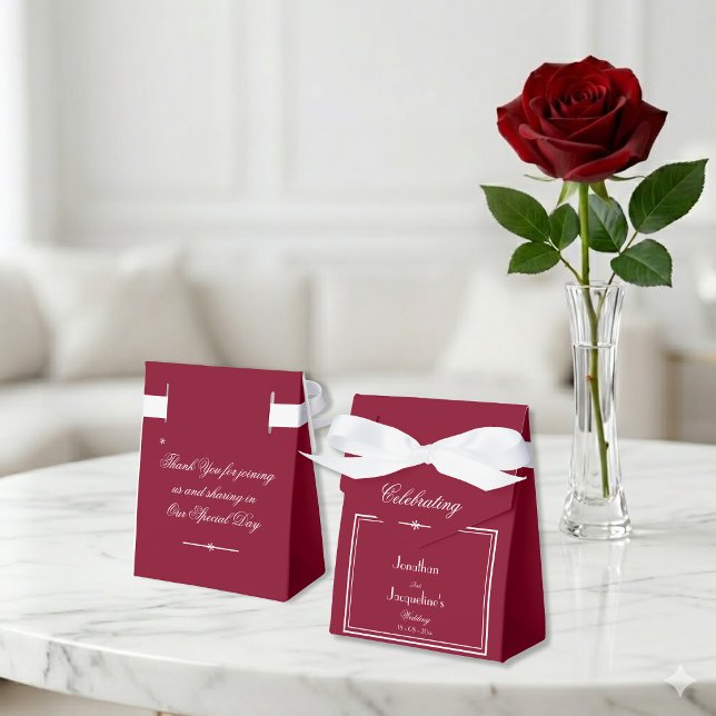 Elegant White Bow & Script on Cute Burgundy Red Favour Box (Too cute for words. See matching items in our Burgundy Red Wedding Collection.)