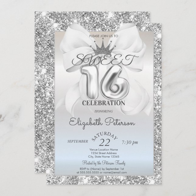 Elegant White Bow,Tiara,Silver Glitter Sweet 16  Invitation (Front/Back)