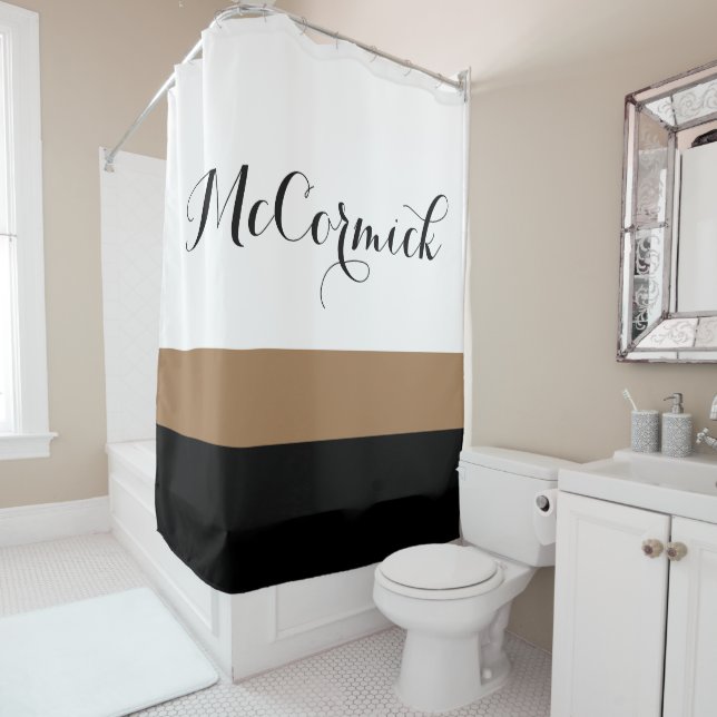 Elegant White Brown Black Stripes Family Name Shower Curtain (In Situ)