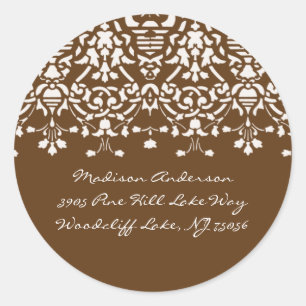 Elegant White & Brown Damask Address Label