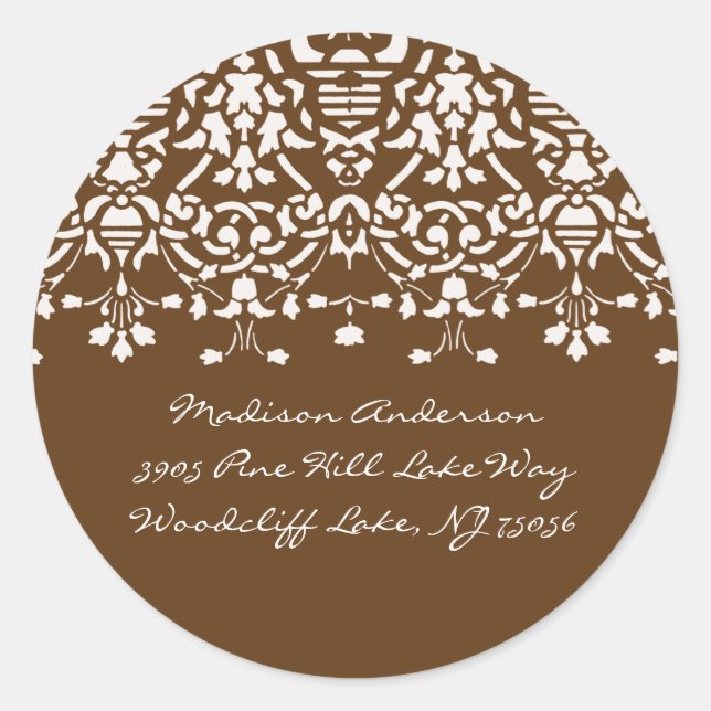 Elegant White & Brown Damask Address Label (Front)