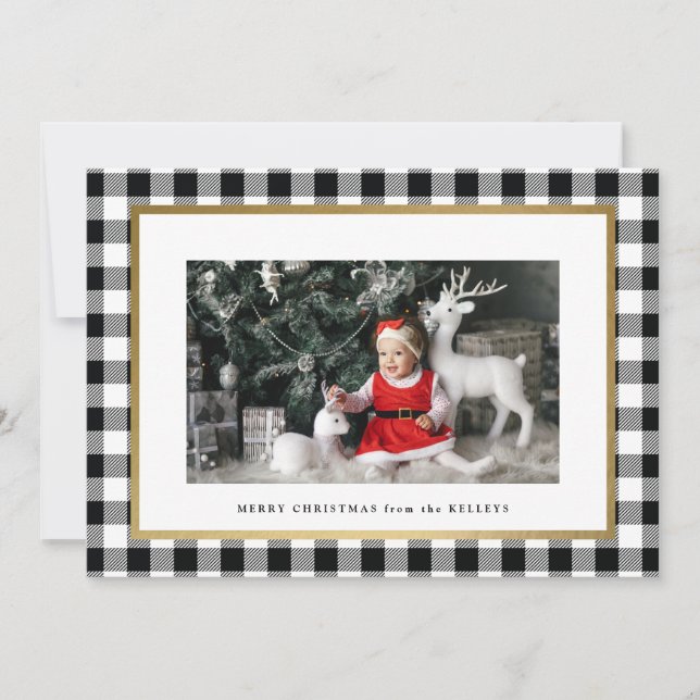 Elegant White Buffalo Plaid Horizontal Photo Holiday Card (Front)