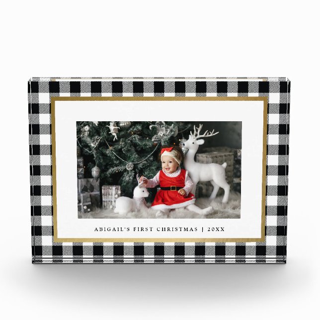 Elegant White Buffalo Plaid Personalized Holiday Photo Block (Front)