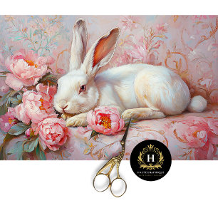Elegant White Bunny & Pink Peonies Decoupage Tissue Paper