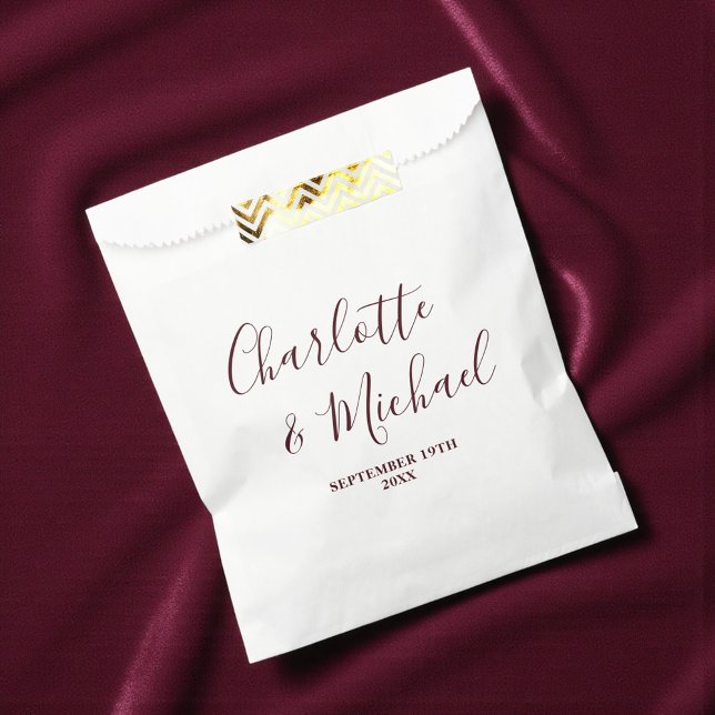 Elegant White & Burgundy Script Minimalist Wedding Favour Bag (Creator Uploaded)