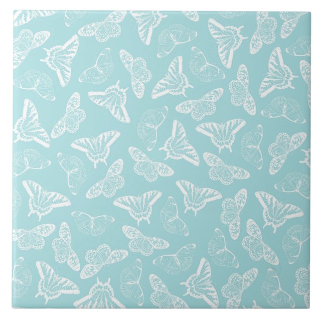 Elegant White Butterflies Blue Design Ceramic Tile (Front)