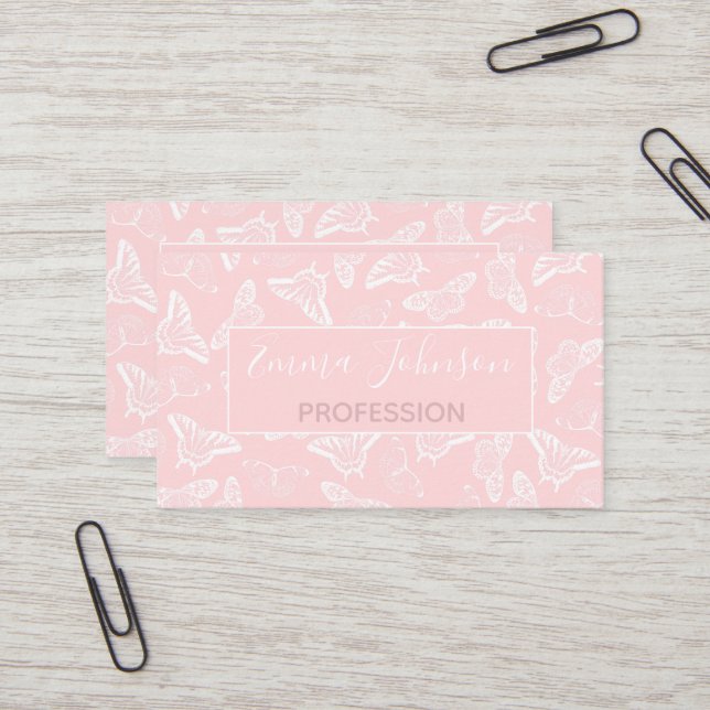 Elegant White Butterflies Pink Design Business Card (Front/Back In Situ)