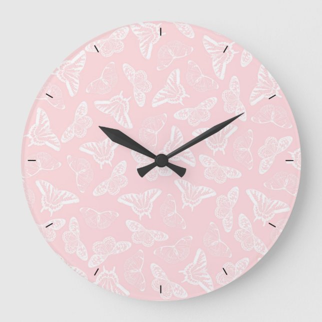 Elegant White Butterflies Pink Design Large Clock (Front)