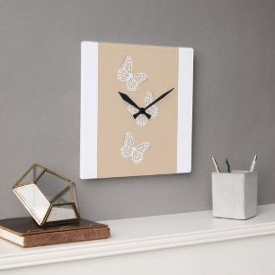 Elegant White Butterfly beige Wall Clock