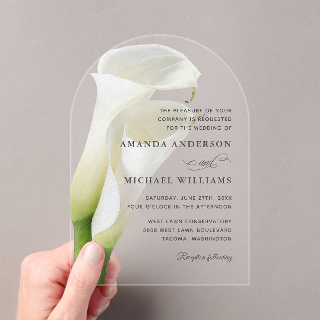 Elegant White Calla Lilies Floral Wedding Acrylic Invitations (Insitu (Handheld))