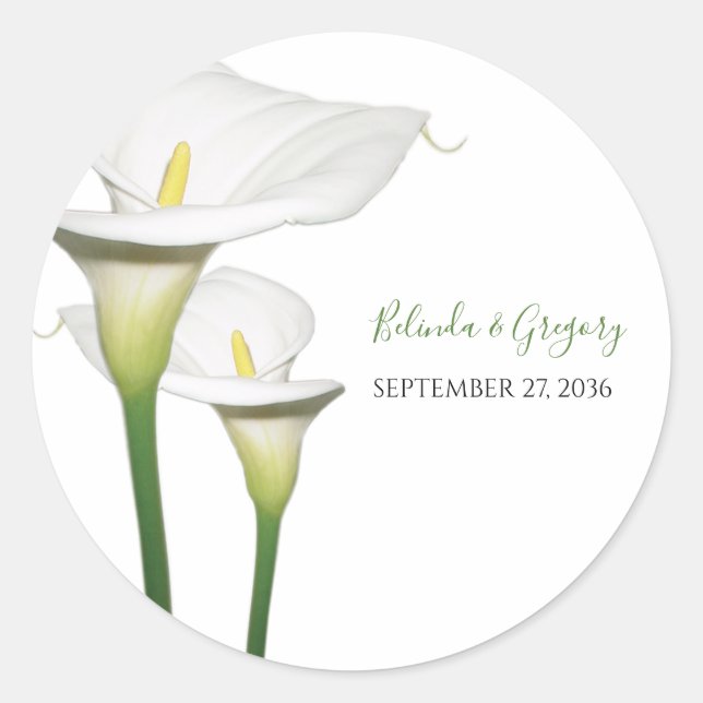 Elegant White Calla Lilies Wedding  Classic Round Sticker (Front)