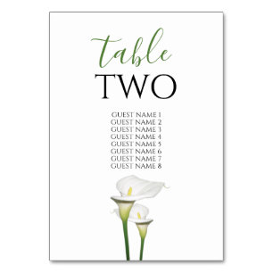 Elegant White Calla Lilies Wedding Guest Names Table Number