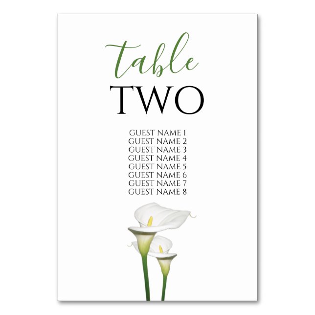Elegant White Calla Lilies Wedding Guest Names Table Number (Front)