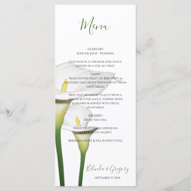 Elegant White Calla Lilies Wedding Menu (Front)