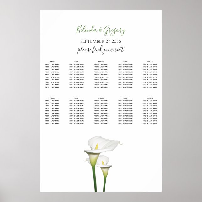 Elegant White Calla Lilies Wedding Seating Chart (Front)