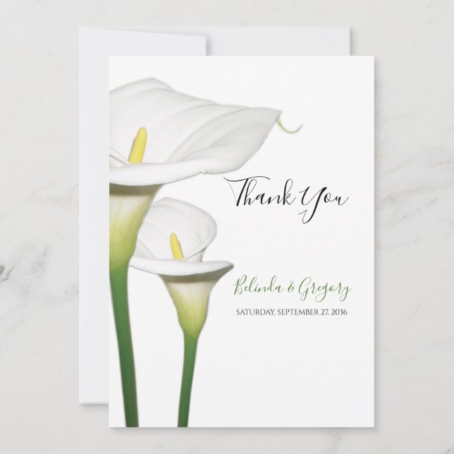 Elegant White Calla Lilies Wedding Thank You Card (Back)