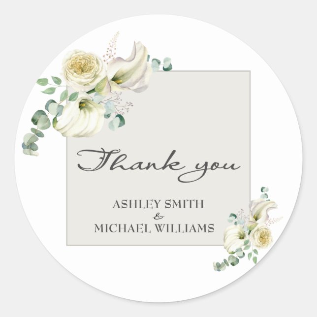Elegant White Calla Lily & Eucalyptus Wedding Classic Round Sticker (Front)