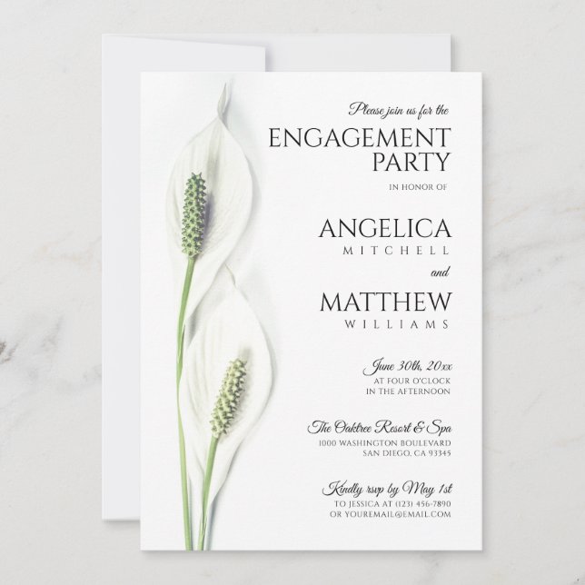 Elegant White Calla Lily Flowers Floral Engagement Invitation (Front)