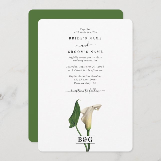 Elegant White Calla Lily Green Botanical Wedding Invitation (Front/Back)