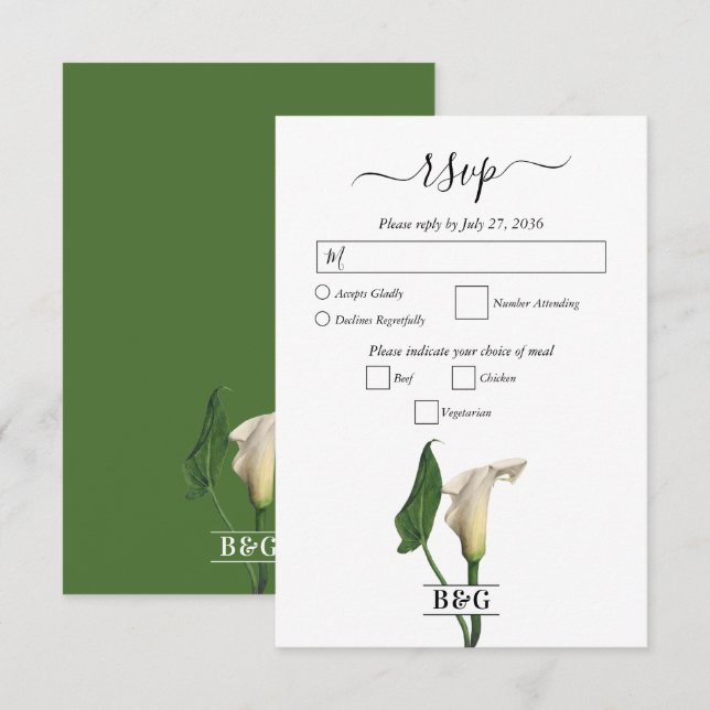 Elegant White Calla Lily Green Botanical Wedding RSVP Card (Front/Back)