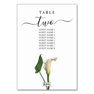 Elegant White Calla Lily Green Botanical Wedding Table Number