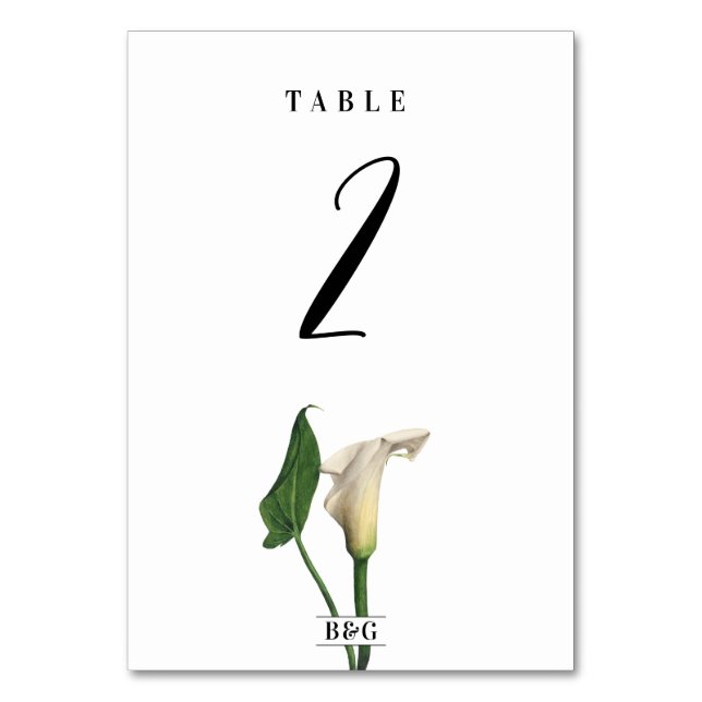 Elegant White Calla Lily Green Botanical Wedding Table Number (Front)