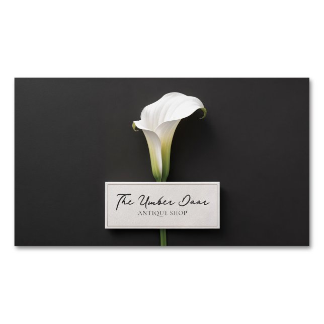 Elegant White Calla Lily Minimalist Black Memorial Magnetic Business Card (Front)
