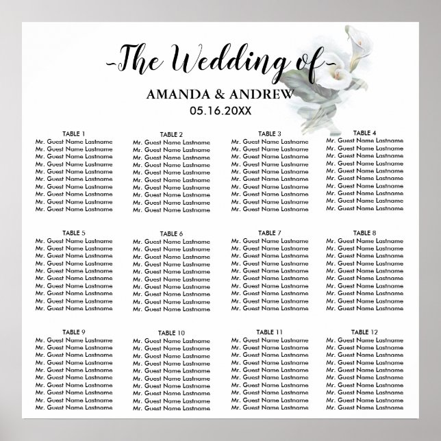 Elegant White Calla Lily Wedding Seating Chart (Front)