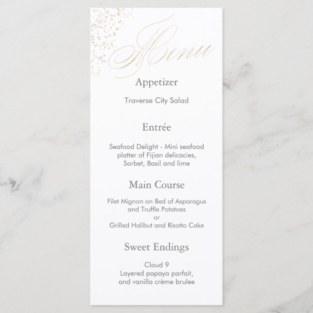 Elegant White Calligraphy Faux Gold Script Menu (Front)