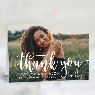 Elegant White Calligraphy Graduation Photo Thank You Card
