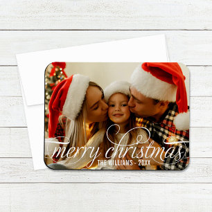 Elegant White Calligraphy Merry Christmas Name Magnet