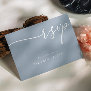 Elegant White Calligraphy on Dusty Blue Wedding RSVP Card