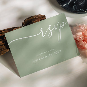 Elegant White Calligraphy on Sage Green Wedding RSVP Card