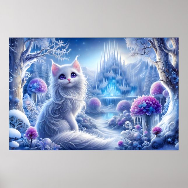 Elegant White Cat in a Snowy Magical Realm Poster (Front)