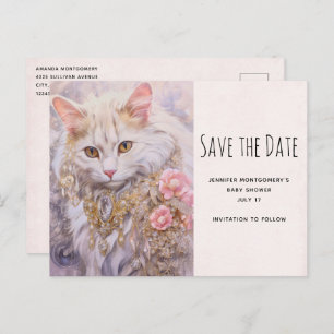 Elegant White Cat in Diamond Jewels Save the Date Invitation Postcard
