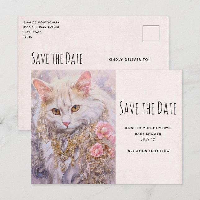 Elegant White Cat in Diamond Jewels Save the Date Invitation Postcard (Front/Back)