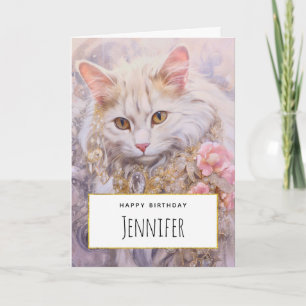 Elegant White Cat in Gold and Diamonds Birthday Card