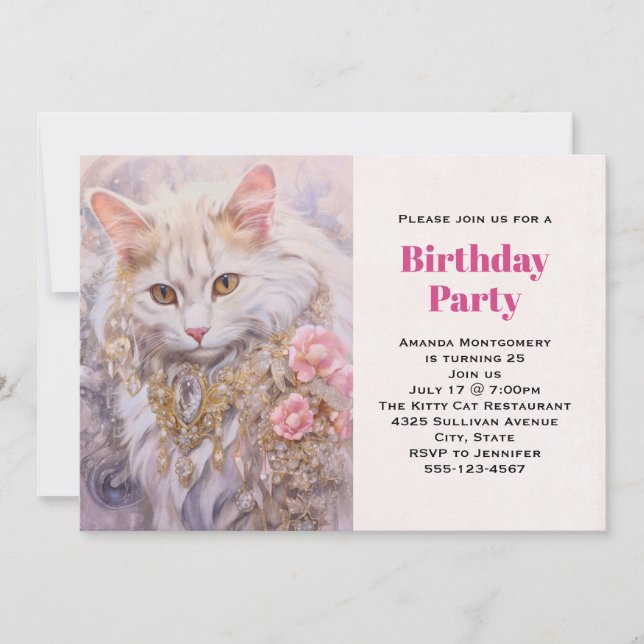 Elegant White Cat in Gold and Diamonds Birthday Invitation (Front)