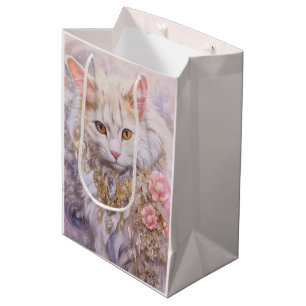 Elegant White Cat in Gold and Diamonds Birthday Medium Gift Bag