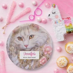 Elegant White Cat in Gold and Diamonds Birthday Paper Plate
