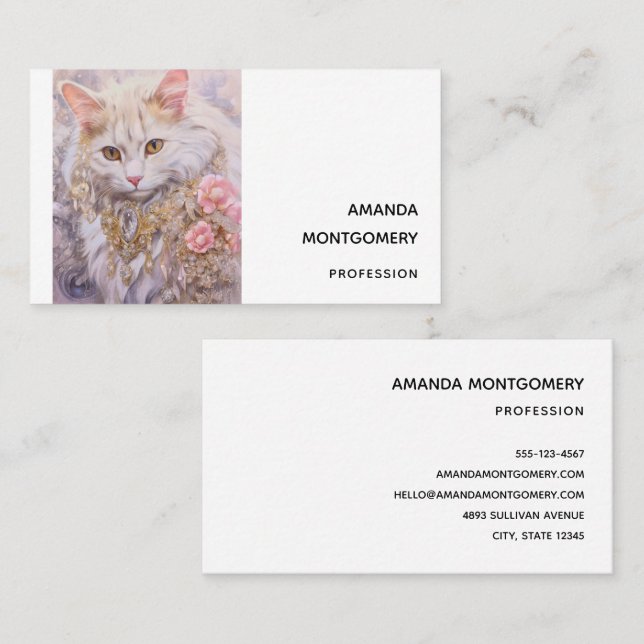 Elegant White Cat in Gold and Diamonds Business Card (Front/Back)