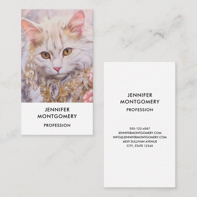 Elegant White Cat in Gold and Diamonds Business Card (Front/Back)