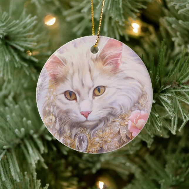 Elegant White Cat in Gold and Diamonds Ceramic Ornament (Tree)
