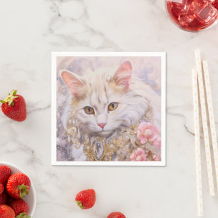 Elegant White Cat in Gold and Diamonds Napkin